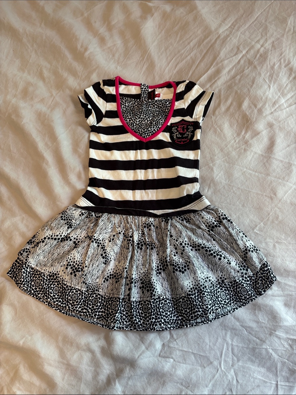 Catimini Girls Mixed Print Dress Size 4T Black White Striped
